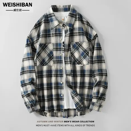 春秋季新款复古格子衬衫美式休闲水洗做旧情侣宽松衬衣叠穿外套潮商品大图