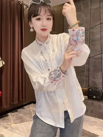 提花衬衫2023春新款国风复古改良盘扣新中式白衬衣打底上衣女装潮商品大图