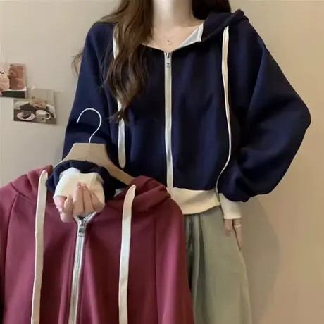 短款拼色连帽衫外套女2024新款薄款春装宽松韩版插肩袖上衣ins潮商品大图