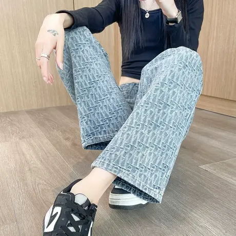 浅色高腰宽松显瘦阔腿拖地直筒牛仔裤女2024年春秋新款设计感小众图片
