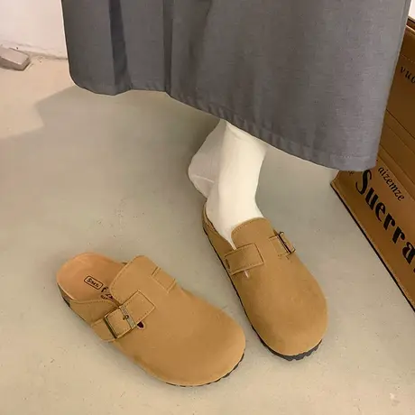 包头半拖鞋女外穿2024春秋季新款复古百搭平底单鞋绒面防滑勃肯鞋商品大图