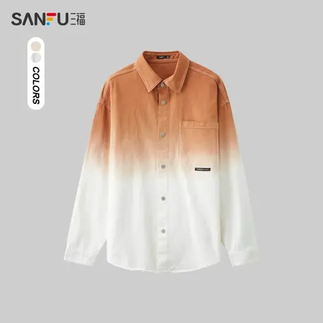 三福2024春季男士潮流吊染渐变长衬衫 宽松翻领纯棉上衣482523图片