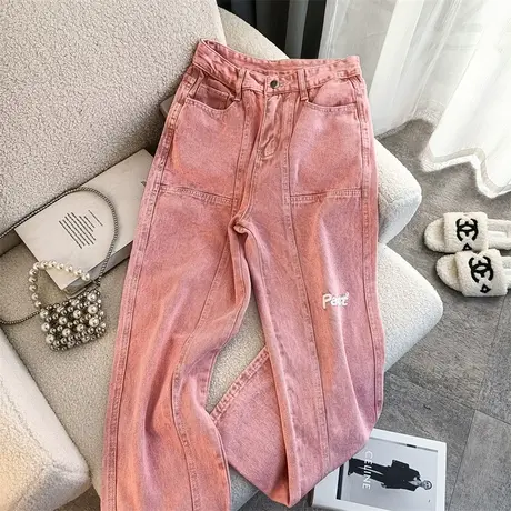 美式炸街设计感牛仔裤女夏季薄款高街潮ins宽松高腰直筒阔腿裤子商品大图