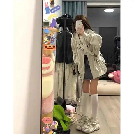 美式字母印花连帽拉链卫衣女春秋薄款2024新款宽松慵懒风开衫外套图片