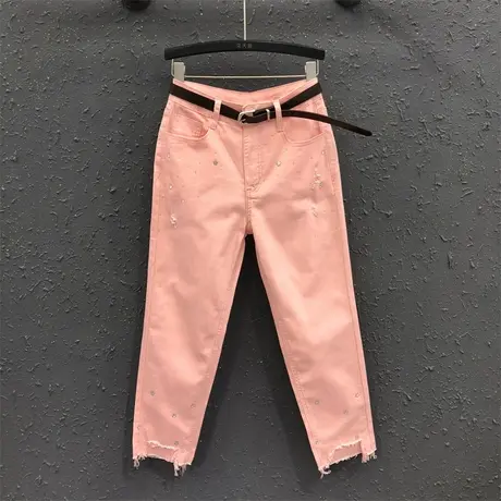 欧货韩版个性烫钻直筒裤女24春夏新款粉色减龄气质百搭牛仔九分裤图片