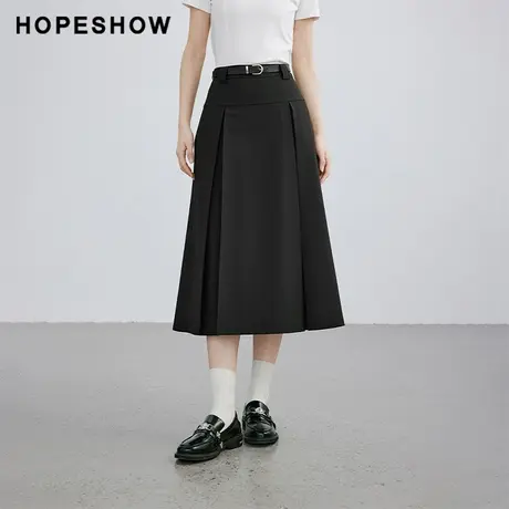 红袖设计感金属扣腰带半身裙hopeshow2024春季新款侧拉显瘦中裙图片
