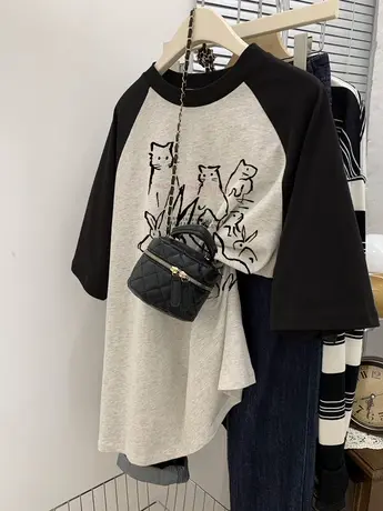 美式卡通t恤女插肩袖大码oversize宽松短袖夏季纯棉ins半袖上衣潮商品大图