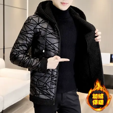加绒加厚皮衣外套男士潮牌皮毛一体冬季痞帅保暖防寒机车服皮夹克商品大图