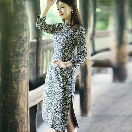 筠雅旗袍改良版连衣裙老上海复古中长款优雅修身长袖古典包边裙子图片
