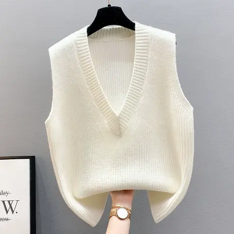 纯色韩版针织马甲背心春秋外搭女士宽松2023新款V领毛线坎肩马夹图片