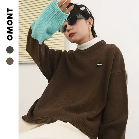 omont蛋挞家 复古圆领套头毛衣2021年新款女宽松拼接毛针织衫秋冬图片