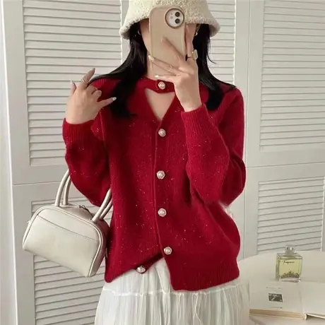 春装2023年新款开衫外套春秋针织早春穿搭初春别致上衣红色毛衣女图片