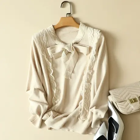 新款蕾丝蝴蝶结飘带时尚针织衫秋冬百搭女士纯色毛衣女修身打底衫商品大图