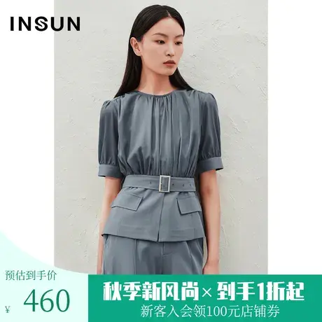 恩裳2023夏款新款假两件拼接优雅恬静简约高腰设计感上衣图片