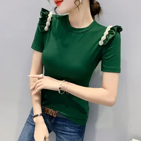 别致木耳边短袖T恤女2023夏季新款圆领修身上衣洋气百搭半袖小衫商品大图