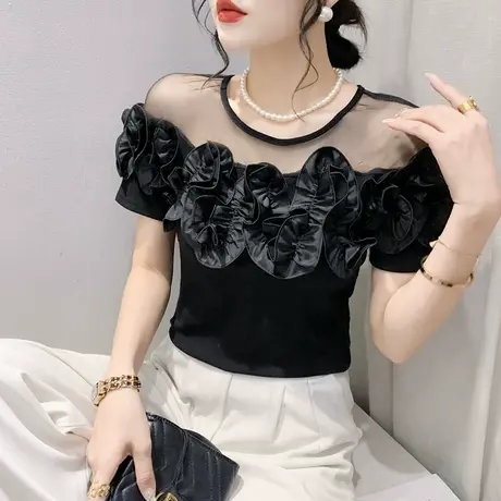 欧货网纱拼接短袖T恤女性感镂空小衫时尚荷叶边上衣设计感小众夏商品大图