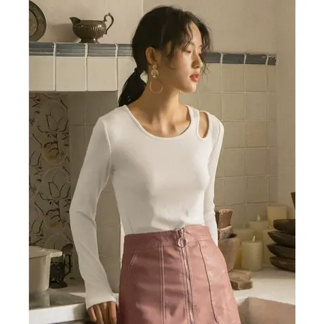 弥古法式白色挖肩针织上衣女秋设计感小众薄款长袖t恤打底衫内搭商品大图