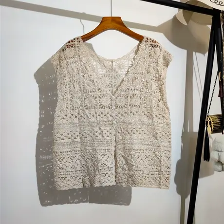 镂空钩花v领针织背心开衫女夏季新款复古设计感小众无袖上衣外搭商品大图