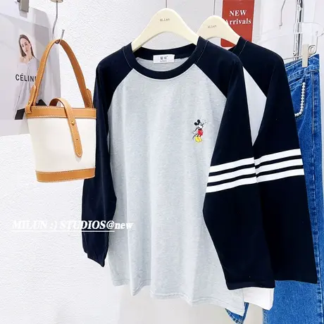 2023春款长袖上衣韩国东大门复古小众袖子三道杠拼色T恤软糯宽松图片