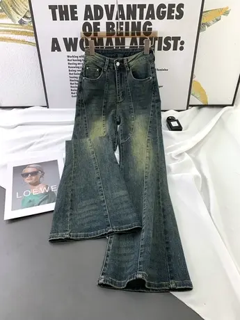 韩版磨白复古牛仔喇叭裤女2023秋季新款显瘦百搭弹力高腰微喇长裤商品大图