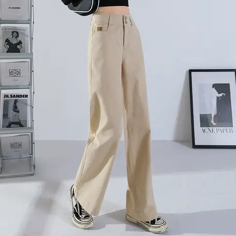 卡其色裤子女春秋2023年新款阔腿裤女高腰百搭休闲宽松直筒裤长裤商品大图