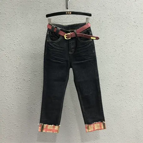 港味潮裤脚翻边牛仔裤女2023秋季新款深蓝色显瘦直筒九分烟管裤女图片