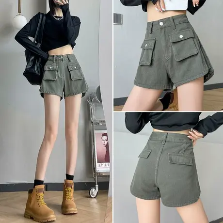 军绿色工装短裤女2023年新款春夏开叉工装高腰休闲a字辣妹热裤子商品大图