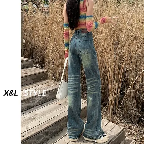 美式复古高腰微喇牛仔裤女秋季2023新款修身显瘦阔腿垂感喇叭裤子图片
