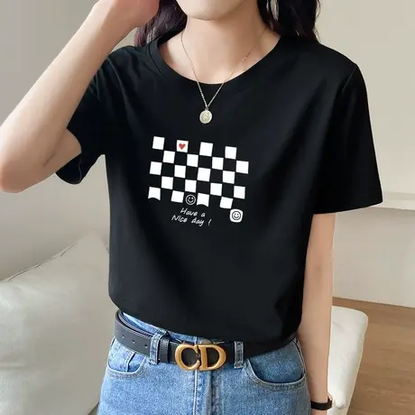 上衣女夏季黑色纯棉高级感短袖t恤2022新款休闲体恤正肩设计感潮商品大图