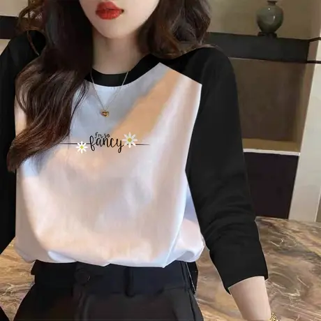 t恤女长袖圆领插肩袖上衣纯棉春装2023年春夏款纯棉小衫打底衫潮商品大图