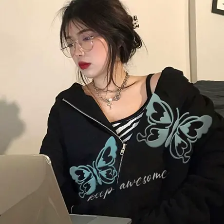 美式复古卫衣女宽松韩版潮ins连帽上衣开衫春秋薄款oversize外套商品大图