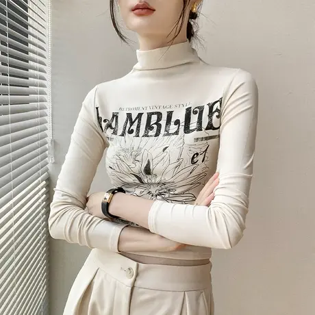 歌倍尚半高领印花长袖T恤女2023早秋修身西装内搭正肩上衣打底衫商品大图
