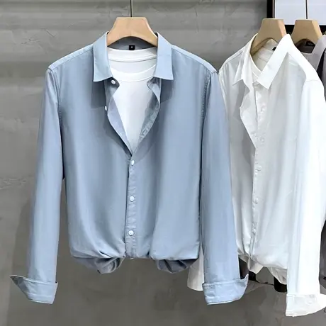 衬衫男高级感纯色高端商务韩版修身潮流男士衬衣长袖春季2023新款商品大图