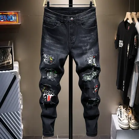 夏季薄款潮牌破洞牛仔裤男修身小脚韩版潮流乞丐裤子男士学生花裤商品大图