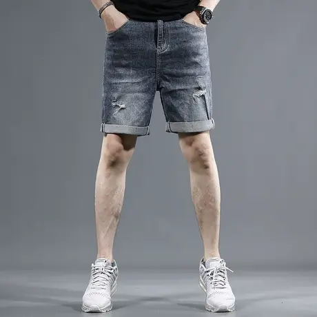 夏季破洞潮牌牛仔短裤男弹力中裤修身五分裤子韩版ins5分男裤薄款图片