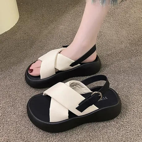 百搭配裙子露趾凉鞋女2023夏季新款时尚交叉带厚底罗马鞋子ins潮图片