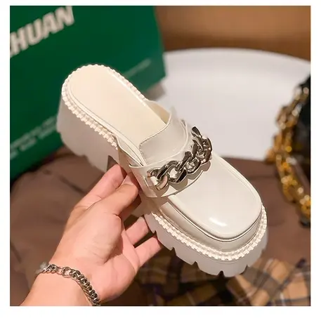 欧洲站2023年新款软面粗跟厚底链条包头外穿拖鞋女松糕增高半拖鞋商品大图