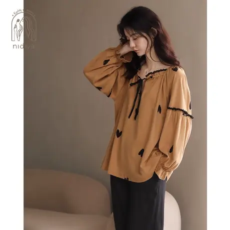 妮狄娅睡衣女春秋季纯棉长袖方领套头甜美可爱减龄外穿家居服套装商品大图