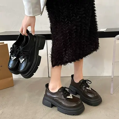 厚底乐福鞋女款2024年新款春秋季增高单鞋复古英伦风洋气小皮鞋潮商品大图