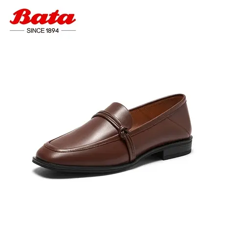 奥莱Bata乐福鞋女秋季新款复古英伦粗跟牛皮通勤一脚蹬88926CA3图片