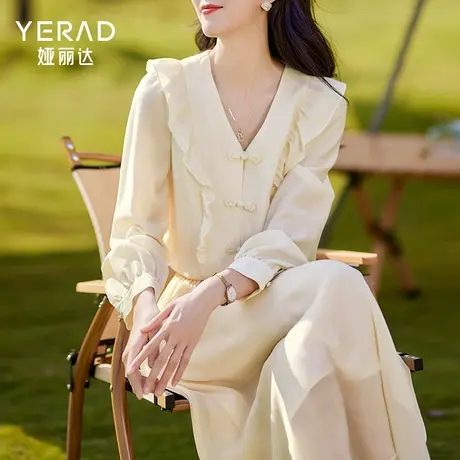 娅丽达女装醋酸衬衫2025春季新款肌理感木耳边上衣新中式盘扣衬衣商品大图