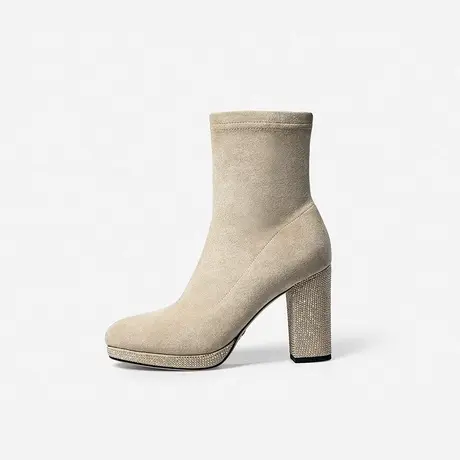 Nine West/玖熙2022年冬季新款防水台闪钻百搭黑色短靴粗跟靴子女商品大图