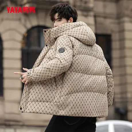 鸭鸭羽绒服男2023年秋新款短款印花连帽休闲时尚保暖外套C图片