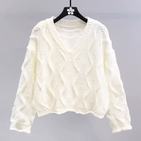 V领镂空毛衣两件套女2023年春装新款菱格洋气百搭宽松针织衫上衣商品大图