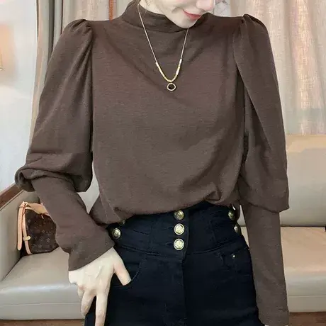 半高领纯色打底衫女内搭秋冬洋气2023年新款长袖T恤女泡泡袖上衣商品大图