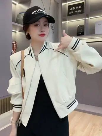 韩系高级设计感圆领拉链字母长袖棒球服女春潮流时髦外套夹克上衣商品大图