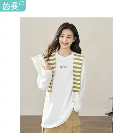 【商场同款】茵曼纯棉T恤两件套2023秋季女装新款圆领长袖上衣图片