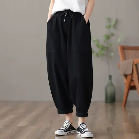 dza 高腰显瘦白色系绳裤子女士春季新款长裤哈伦休闲裤宽松阔腿裤图片