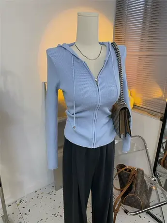 纯欲风~JU显身材修身拉链连帽针织开衫女春秋新款薄外套常规好搭商品大图