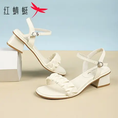 红蜻蜓女鞋2025夏季时尚褶皱一字带百搭休闲配裙子中跟妈妈女凉鞋商品大图